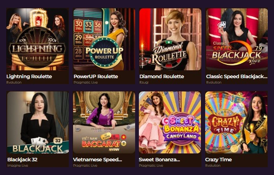 Acht verschiedene Live-Spiele mit Roulette, Blackjack, Baccarat und Shows